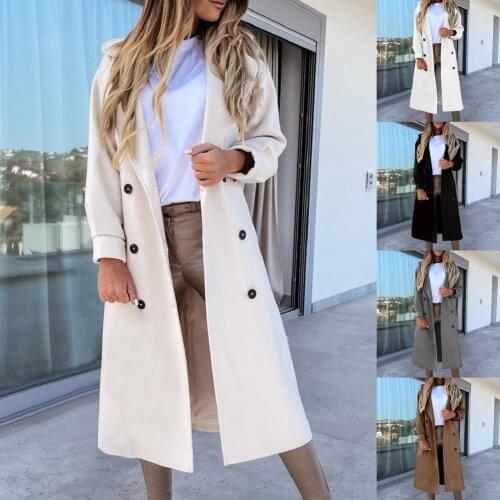 Women Trench Long Coat Long Sleeve Solid Color Double Breasted Warm Suit Collar Loose Overcoat Autumn Winter