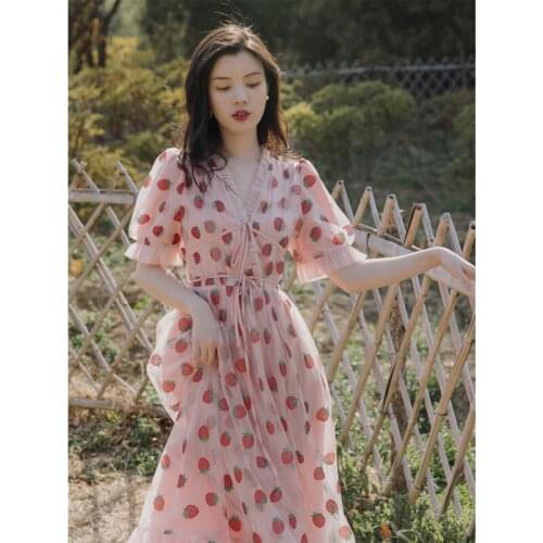 Strawberry Dress Women Long Dresses Maxi Half Sleeve V-Neck Puff Sleeve Mesh Fabric Sexy Party Beach Wear Vintage Woman Clothes