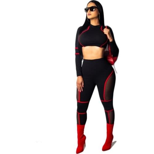 Sexy See Through Black Mesh Insert Red Striped Print 2 Piece Set Women Full Sleeve Crop Top Long Skinny Pants Bodycon Rompers