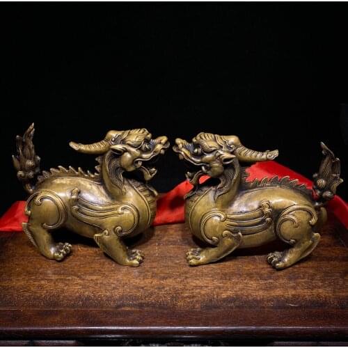 5"Tibet Temple Collection Old Seikos Brass Unicorn statue A pair Flying monster Lucky fortune Ornaments Town House Exorcism