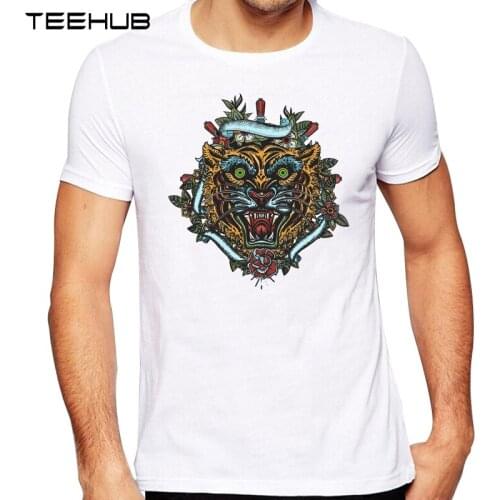 TEEHUB Mens New Fashion Tiger old school tattoo Design Short Sleeve T-Shirt Cool Printed Tops Hipster Tee Shirts