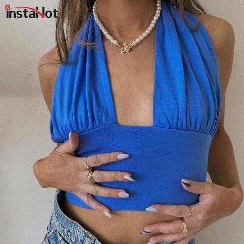 InstaHot Halterneck Patchwork Tank Top Summer Corset 2021 Casual Ruched Crop Top Female Beach Backless Bustier Y2K Sexy Lady Top
