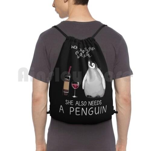 Penguin And Wine Funny Penguin Lover Backpack Drawstring Bag Riding Climbing Gym Bag Penguin Penguin Lovers Penguin Penguin