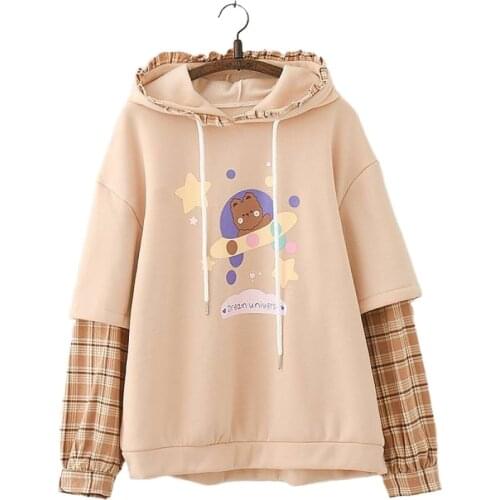 Winter Fleece Women Sweet Style Cartoon Print Hooded Stitching Loose Long Sleeve Sweatshirts Girl Kawaii Pullover 2011425