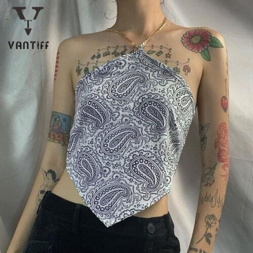 Fashion Woman Summer 2021 New Cashew Print Metal Chain Binding Belt Hanging Neck Small Vest Y2k Top Boho Crop Top for Female