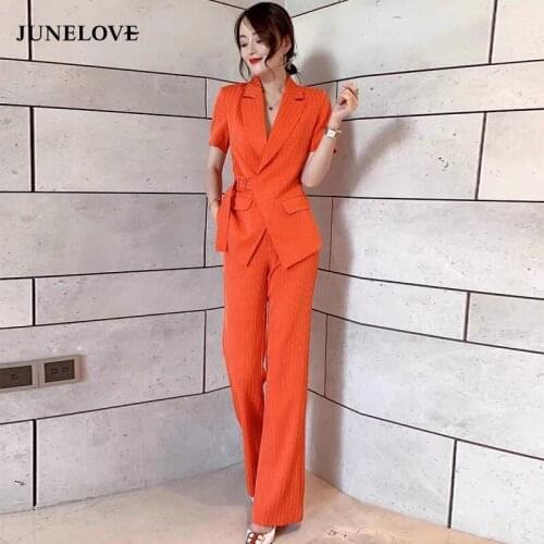 JuneLove 2021 Summer Womens Sashes Blazer Coat 2 Pieces Office Lady Wide Leg Pants Set Fashion Stripes Blazer Outwear Suits