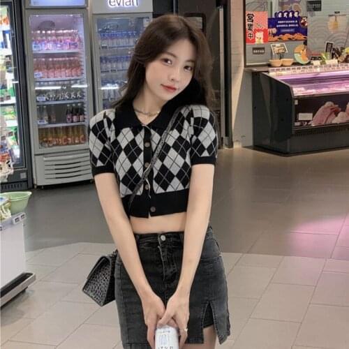 Retro Y2k Argyle Plaid Polo Collar Knit Cardigan Womens 2021 Summer Single Breasted Shirt Preppy Style Short Sleeve Crop Top