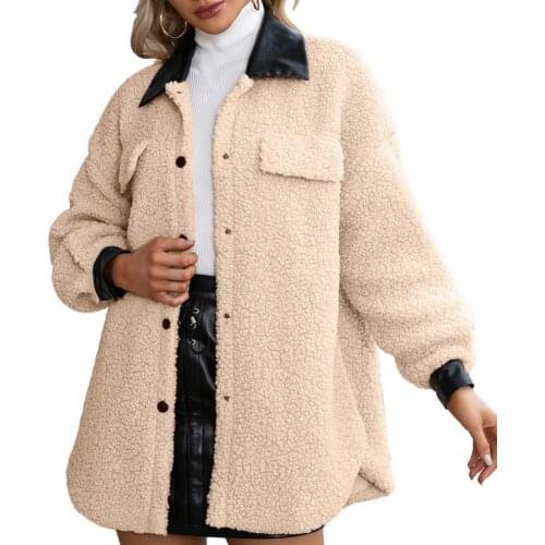 Women Autumn Winter Coat Patchwork Single Breasted Faux Fur Turn-Down Collar Buttons Closure Ladies Fluffy Jacket Outerwear