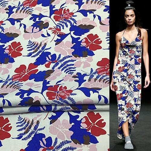 Abstract red and blue floral print silk cotton blended fabric very thick,SCT360