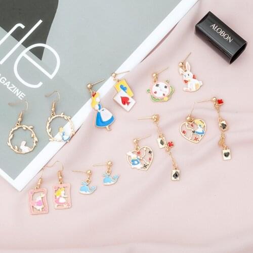 Alice Wonderland Princess Rabbit Bunny Asymmetric Drop Earring Clock Poker Card Enamel Womens Earrings Fashion Jewelry for Girl