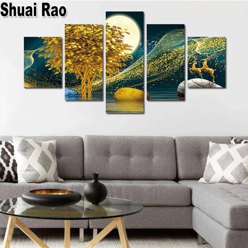 Full Square/Round Drill 5D DIY Diamond Painting Golden Tree Deer Moon 3D Diamond Embroidery Cross Stitch 5 Piece Set