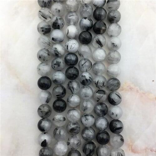 Genuine Round Black Rutilated Quartz Loose Beads, Smooth Hair Stone Divergent Crystal Gems Bead For Jewelry DIY,6 8 10 mm