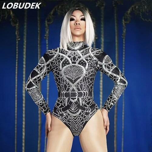 European Nightclub DJ Singer Female Costume Sparkly Silver Black Rhinestones Bodysuit Stage Wear Jazz Dance Team Elastic Leotard