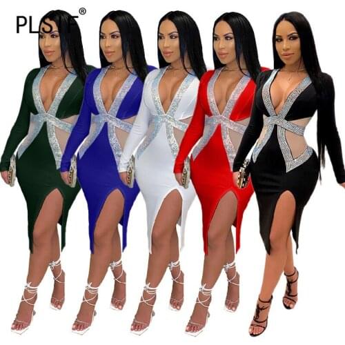 European V Neck Sequin Dress Long Sleeve Sexy Party Slim Bodycon Dress Female Sexy Club Wear