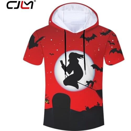 CJLM White Moon Halloween 3D Printed Man T Shirt Broom Witch And Bat The New Listing Mens Short Sleeve Hooded Tshirt