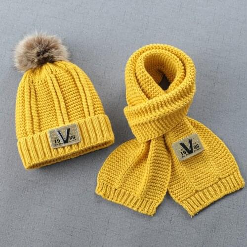 KENSHELLEY winter warm Hat scarf two-piece suit plus velvet autumn and winter boys girls fur pom pom hat suit with Fleece Lined