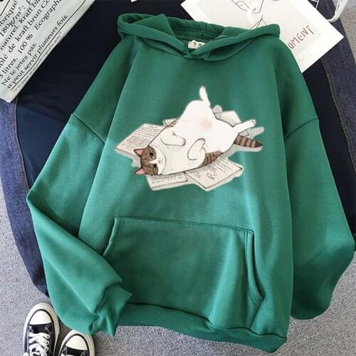 Korean Streetwear Oversized Hoodie Tops Winter Pullover Sweatshirts Women Cat Kawaii Poleron Mujer Pocket Hoodie School