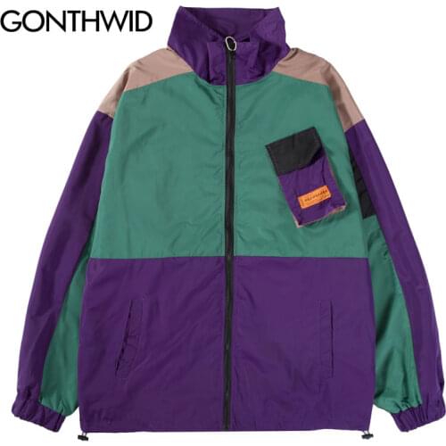 GONTHWID Vintage Color Block Patchwork Pocket Windbreaker Zip Up Track Jackets Outwear Men Hip Hop Casual Streetwear Jacket Coat