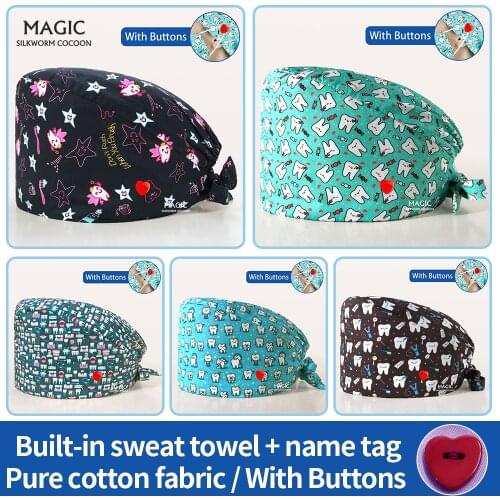 100%Cotton Tooth printing Lab Hats beauty salon Worked caps Multicolor Clearance Pattern Scrubs Hat Cartoon Scrub Caps wholesale