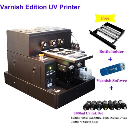 Varnish Edition automatic A4 UV Printer with 3500ml UV ink set For bottle phone case Cylinder wood glass printing