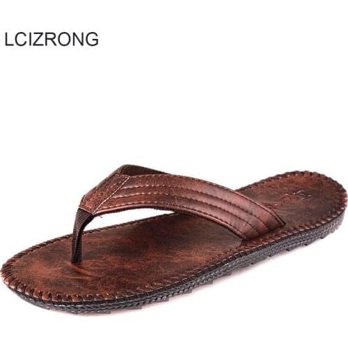 LCIZRONG Summer Leather Beach Flip Flops Men Fashion Sewing Style Slippers Beach Non-slip Slippers High Quality zapatos hombre