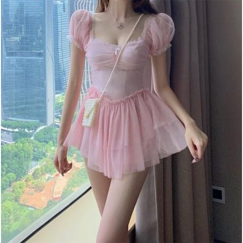 Summer Harajuku Pink Bandage Stitching Dress Hot Girl Fashion Temperament Sweet Long Sleeve Dress