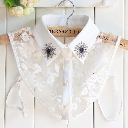 Linbaiway Embroidery Cotton Fake Collars for Women Removalbe False Collar Blouse Rhinestone Clothes Female Detachable Neckwear