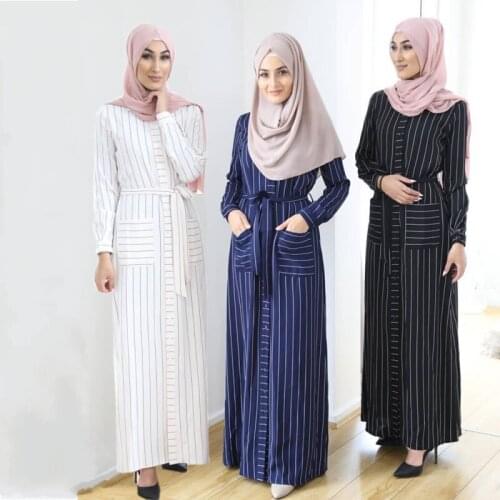 Muslim Striped Abaya Fashion Women Long Sleeve Button Shirt Dress Islamic Eid Kaftan Robe Dubai Ramadan Gown Cardigan Vestidos
