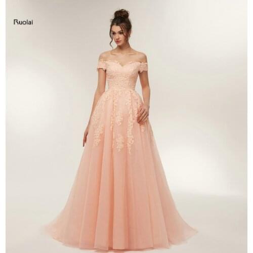 New Arrival Prom Dresses 2018 Long Lace Appliques Boat Neck Off the Shoulder Formal Dress Evening Party Dresses robe de soiree