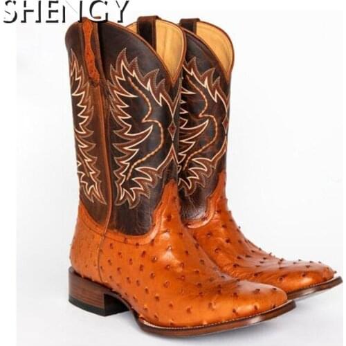 New Mens Mid-Calf Boots Vintage Embroidery Western Cowboy Biker Boots Slip On Winter Casual Shoes Pointed Toe Men Boots