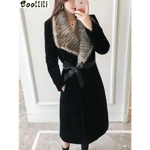Boollili 2020 Real Fur Coat Female Sheep Shearling Jacket Winter Coat Women Mink Fur Collar 100% Wool Coats Long Jackets