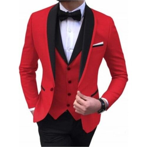 Latest Coat Pant Designs 2021 Dinner Party Red Black Shawl Lapel Suit For Mens Slim Fit Groom Tuxedos 3 Piece Men Wedding Suits