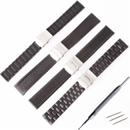 4 Model Silicone Gel Rubber Watch Band Strap Straight End Bracelet Stainless Steel Double Folding Clasp 20 22 mm Watchband