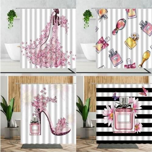 Pink Fashion Flowers Shower Curtains Perfume Bottle High Heel Cosmetics Girl Bedroom Curtain Set Fabric Waterproof Bath Curtain