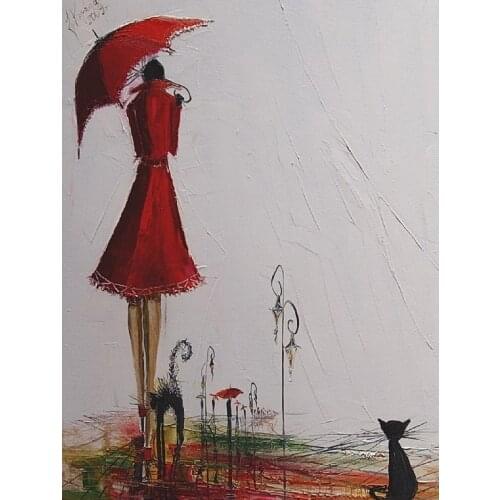 Modern handmade painting cat and girl under umbralla on oil canvas for living room decor and wallpaper