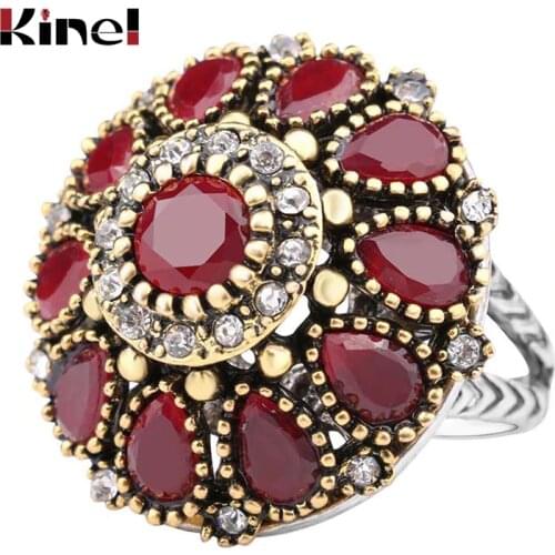 Kinel Hot 2020 Flower Crystal Wedding Rings For Women Vintage Look Round Color Gold Mosaic Red Resin Turkey Jewelry