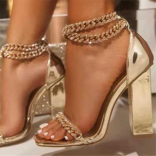 Women Crystal Chain Sandals Ladies Gladiator Square High Heels Female Open Toe Buckle Strap Pumps Woman Casual Shoes Plus Size