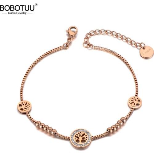 BOBOTUU Fashion Clay Crystal Love Tree Charm Bracelets For Women Stainless Steel CZ Link Chain Bracelet For Women Gifts BB19129
