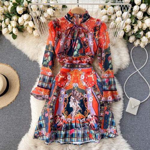 Womens Spring Summer Runway Fashion Long Sleeve Vintage Print Dress Female Chic Travel Party Beach Dress TB866