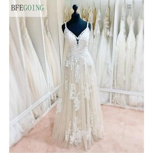 Ivory Tulle Lace Beading V-Neck Spaghetti Straps Floor-Length A-Line Wedding Dresses Chapel Train Sleeveless Bridal Gowns