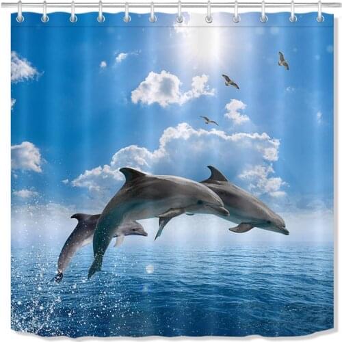 72'' Dolphins Jumping Out Of Blue Sea Sunshine Bathroom Waterproof Fabric Shower Curtain Polyester 12 Hooks Bath Accessory Sets