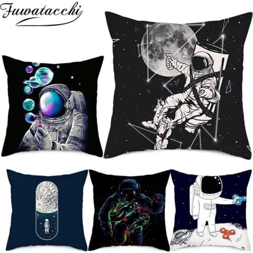 Fuwatacchi Astronaut on Planet Cushion Cover Cosmonaut Printed Pillow Cover for Home Chair Sofa Decorative Black Pillowcases New
