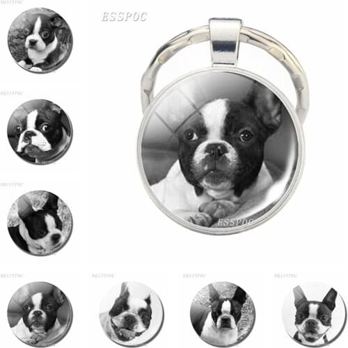 Black and White Dog Pattern Key Chain Bulldog Key Ring Retro Animal Dog Keychain Glass Cabochon Jewelry Pendant Keychains Gifts