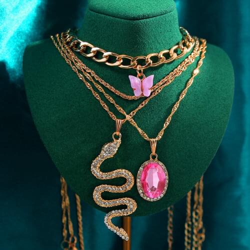 Punk Butterfly Cuban Chunky Choker Multilayer Gold Color Bling Snake Pink Crystal Pendants Twist Rope Necklace For Women Jewelry
