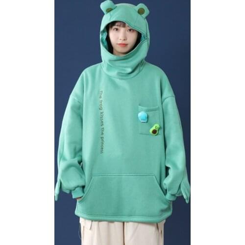 Frog Hoodies Harajuku Streetwear Women Cute Embroidery Letter Kawaii Clothes Hip-hop Christmas Oversized Hoodie Warm Pullover