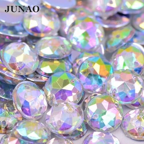 JUNAO 10mm Sewing Clear AB Rhinestones Round Acrylic Gems Flatback Crystals Stone Sew On Beads For Needlework Clothes 500pcs