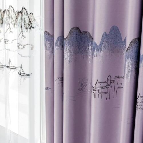 Chinese Classical Curtain Ice Velvet Jacquard Landscape Elegant Printing High Shading Finished Curtains for Living Room Bedroom