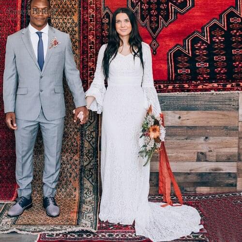 Flare Sleeve Lace Wedding Dresses V-Neck A Line boho Bridal Gowns Zipper back elegant Vestido de noivas DW414