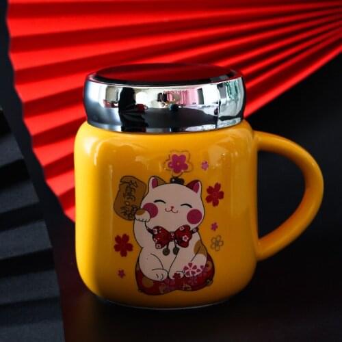 Ceramic Mirror Mug Cartoon Cat Creative Personality Trend Cup Large Capacity With Cover Coffee Cups
