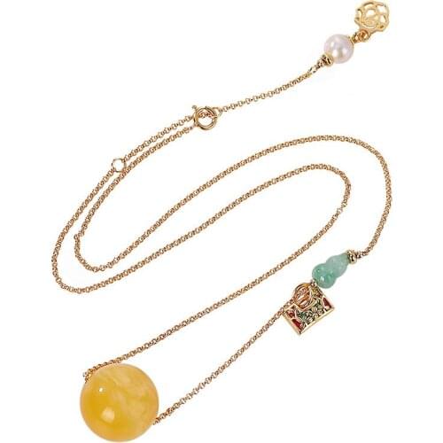 S925 sterling silver gold plated cloisonne natural amber emerald pendant vintage gourd female choker set chain